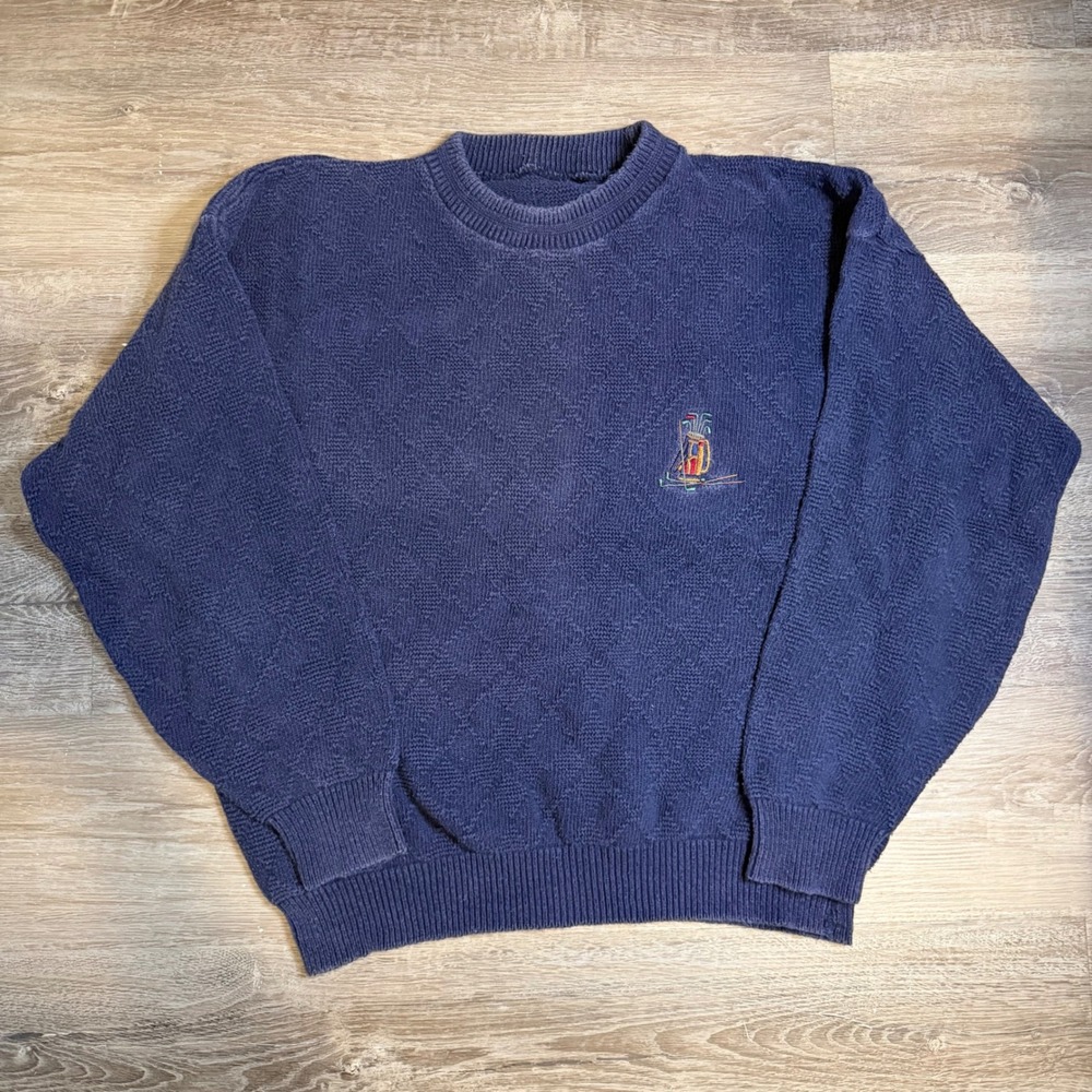 Vintage Navy Blue Diamond Textured Knit Golf Embroidery Crewneck Sweater Mens XL